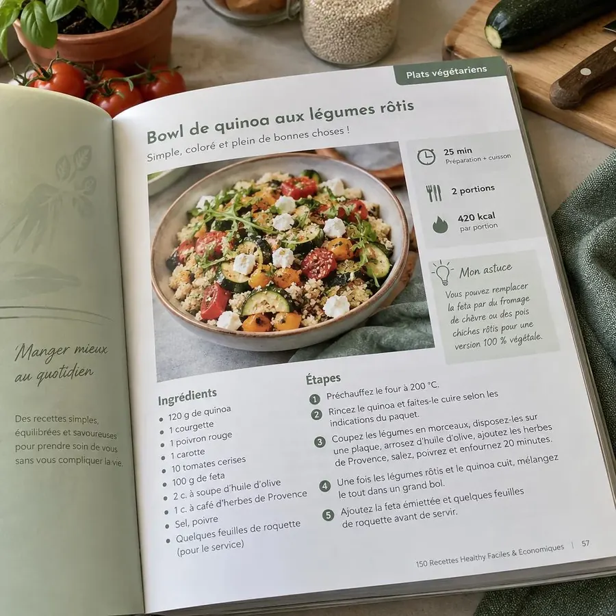 Page imprimée du guide avec une recette healthy